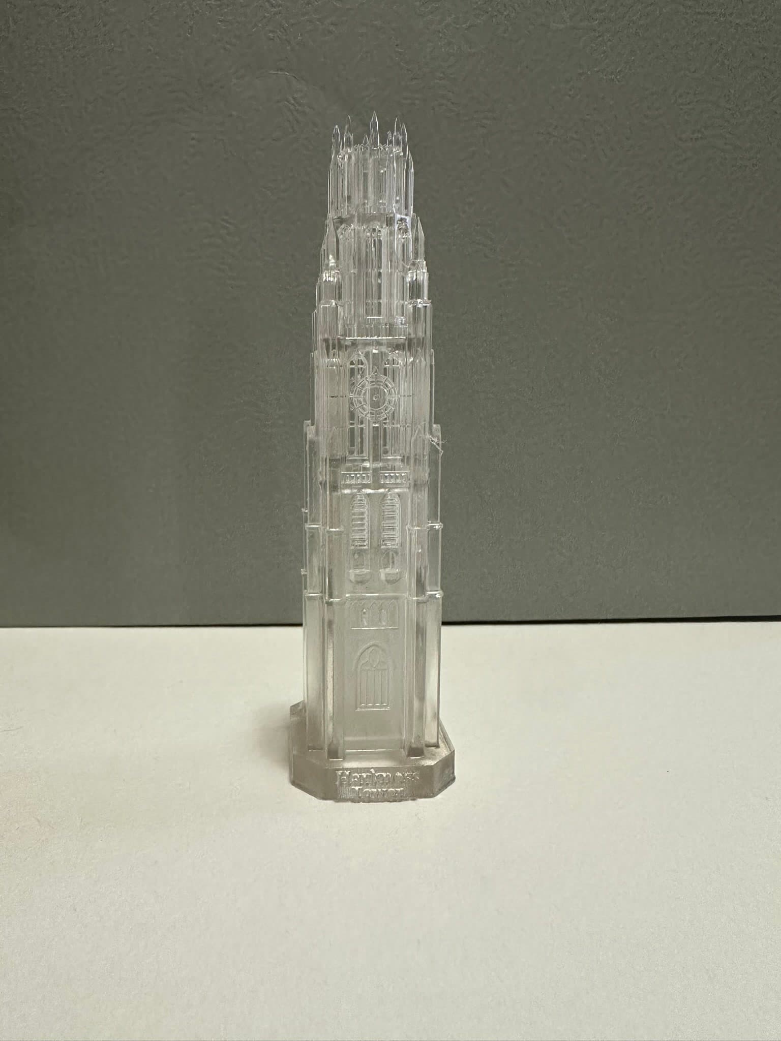 Finished clear Harkness Tower prototype on its presentation base