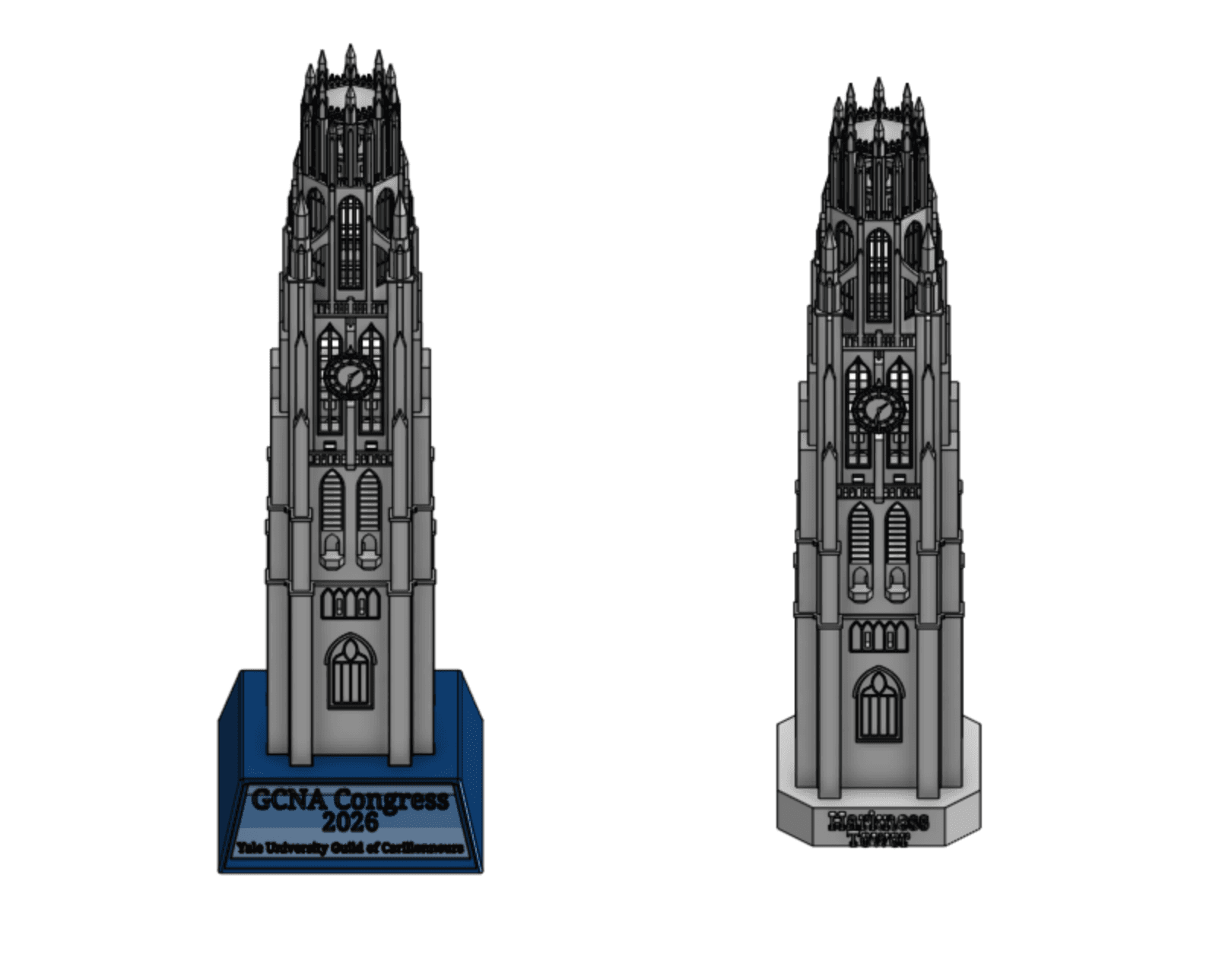 Front renderings of the Harkness Tower CAD designs