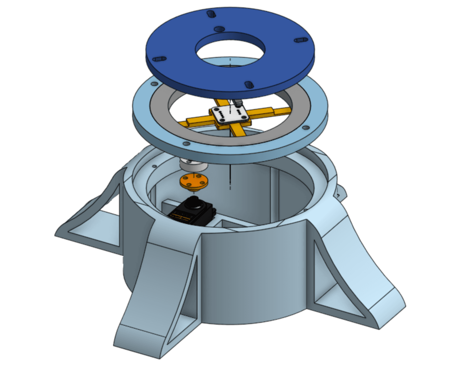 Exploded CAD view of the robotic arm base joint assembly