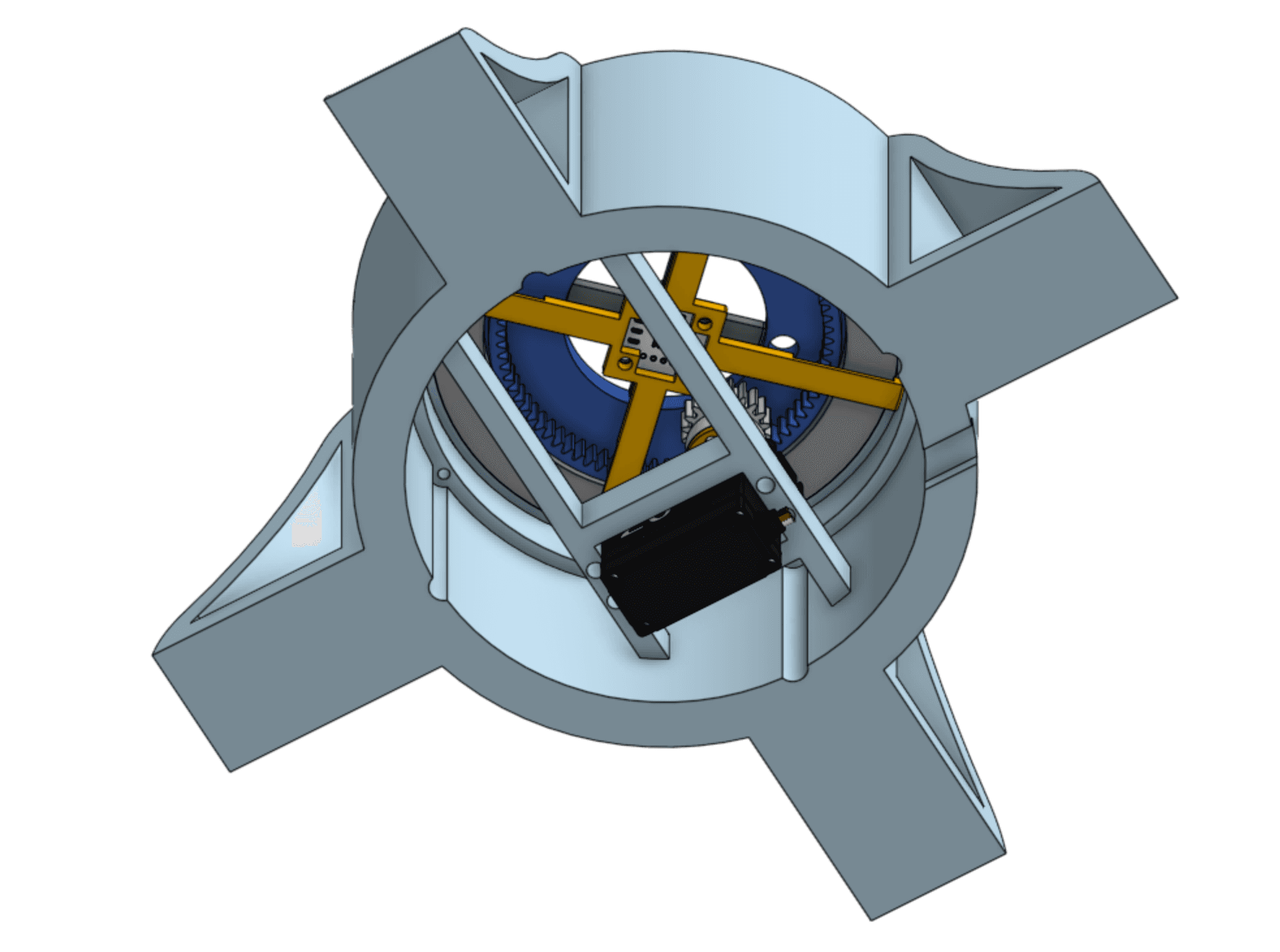Underside CAD view of the robotic arm base joint assembly