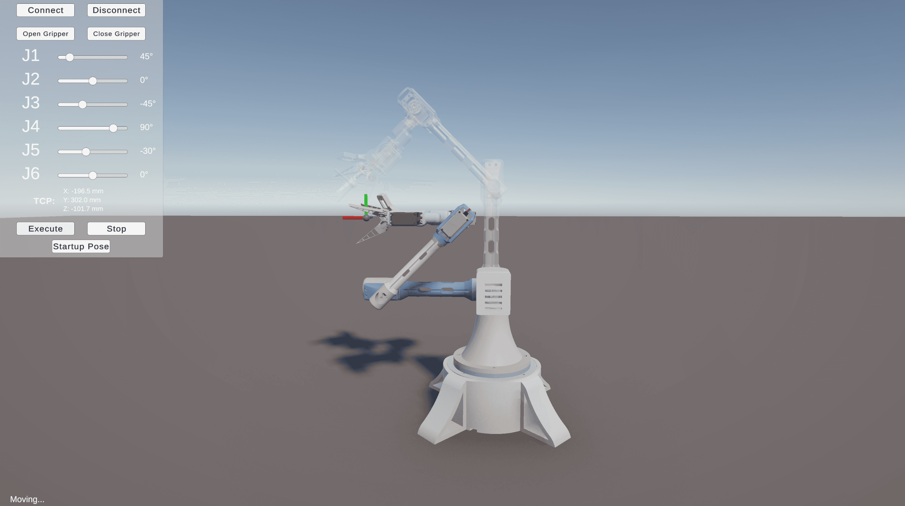 Unity digital twin interface showing the robotic arm and joint controls