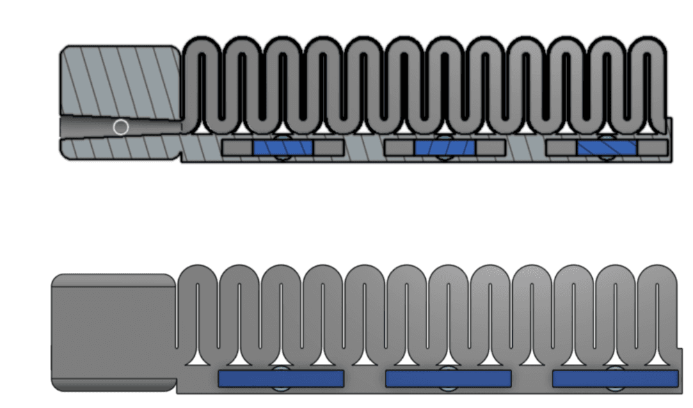 Section and exterior CAD views showing three stiff blocks actuated by pneumatic pistons along the soft robotic finger