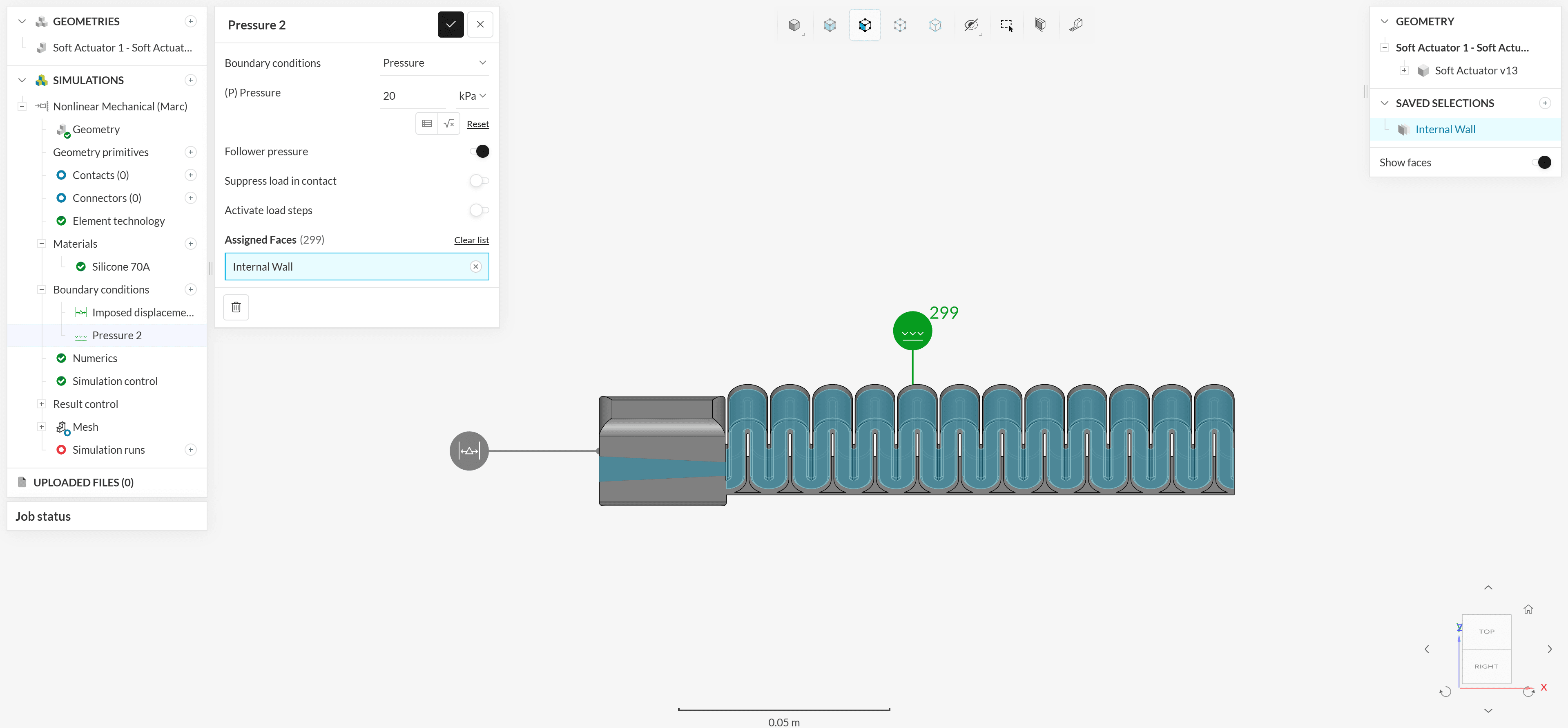 Finite element model of the soft robotic finger with a 20 kilopascal pressure boundary condition applied to its internal walls