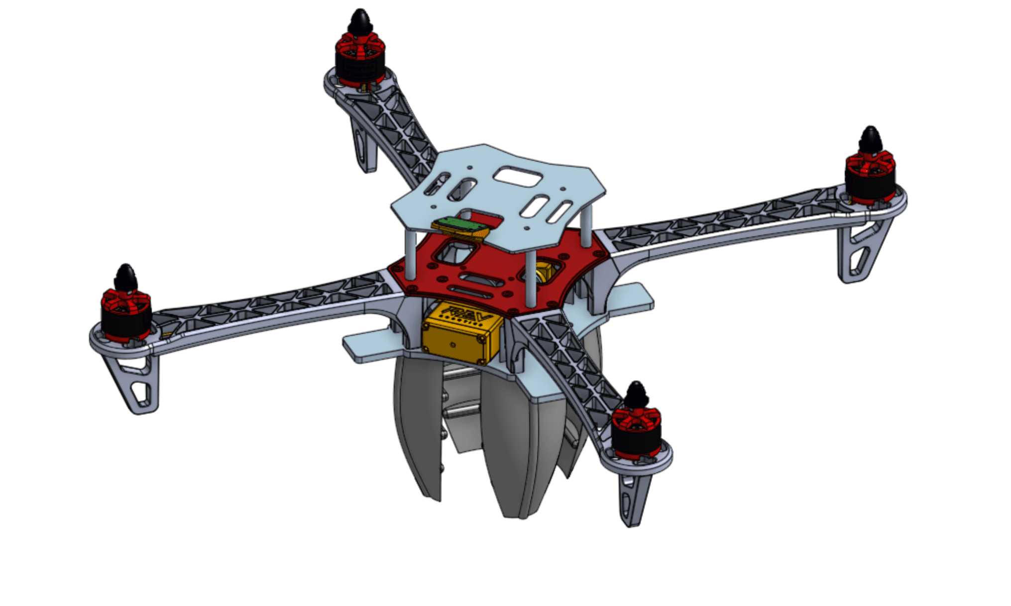 Perspective CAD view of the complete Nylon-CF quadcopter drone and central gripper