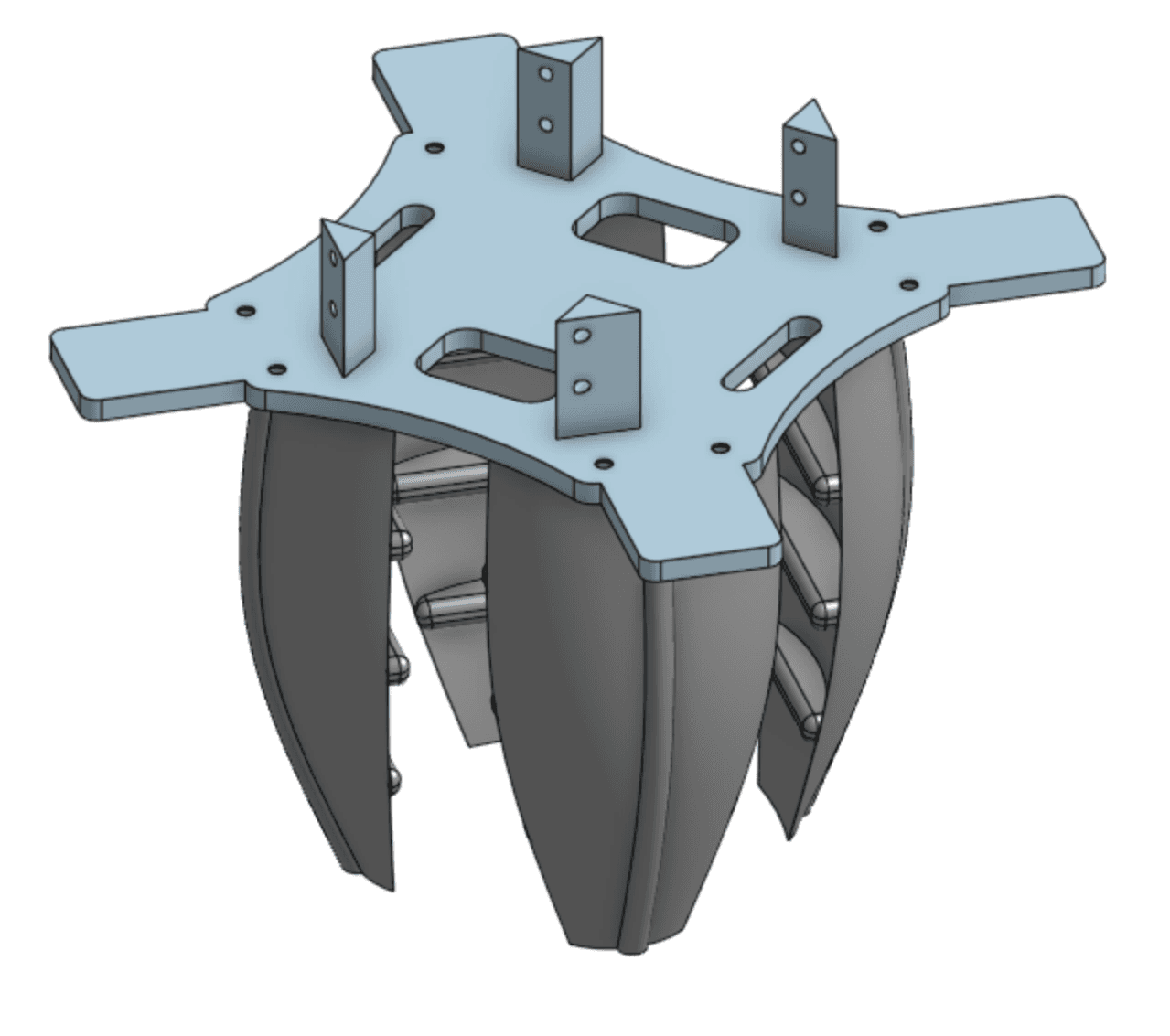 CAD view of the rigid four-finger drone gripper and mounting plate