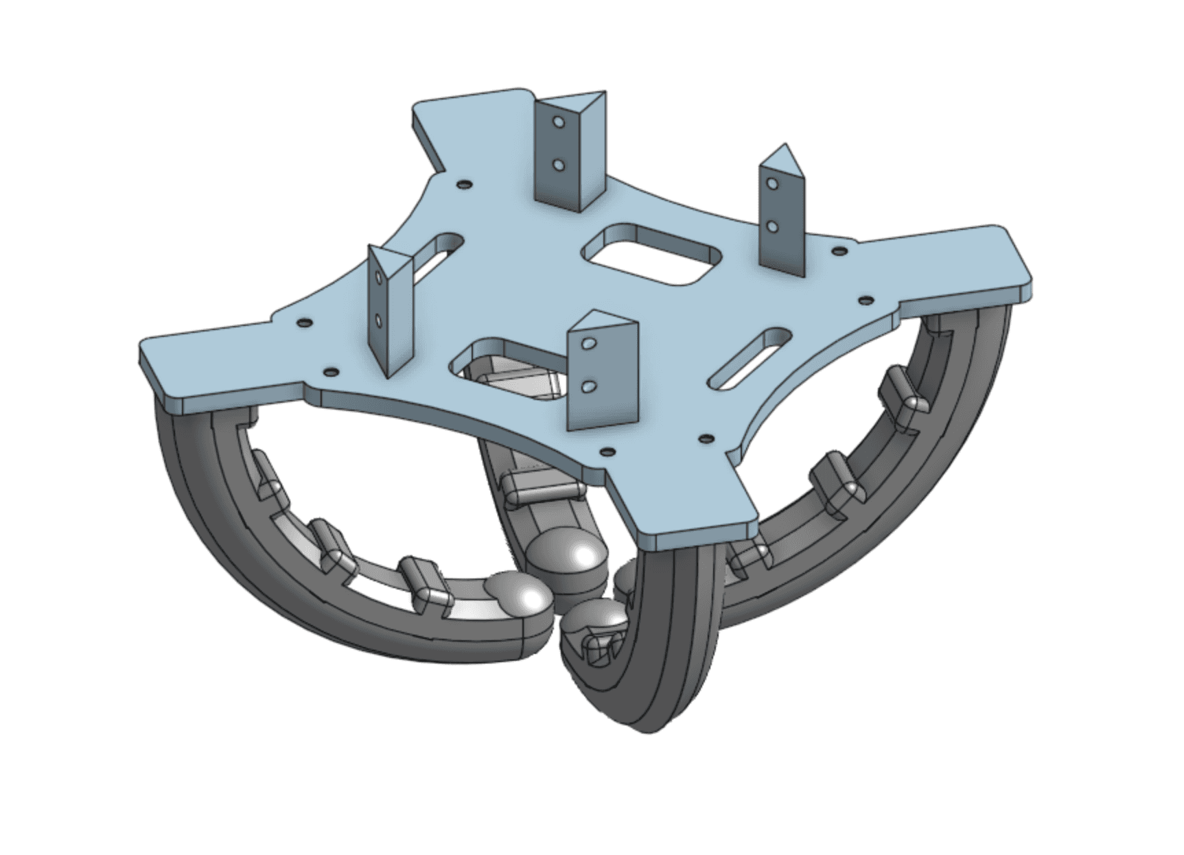 CAD view of the compliant four-finger drone gripper and mounting plate