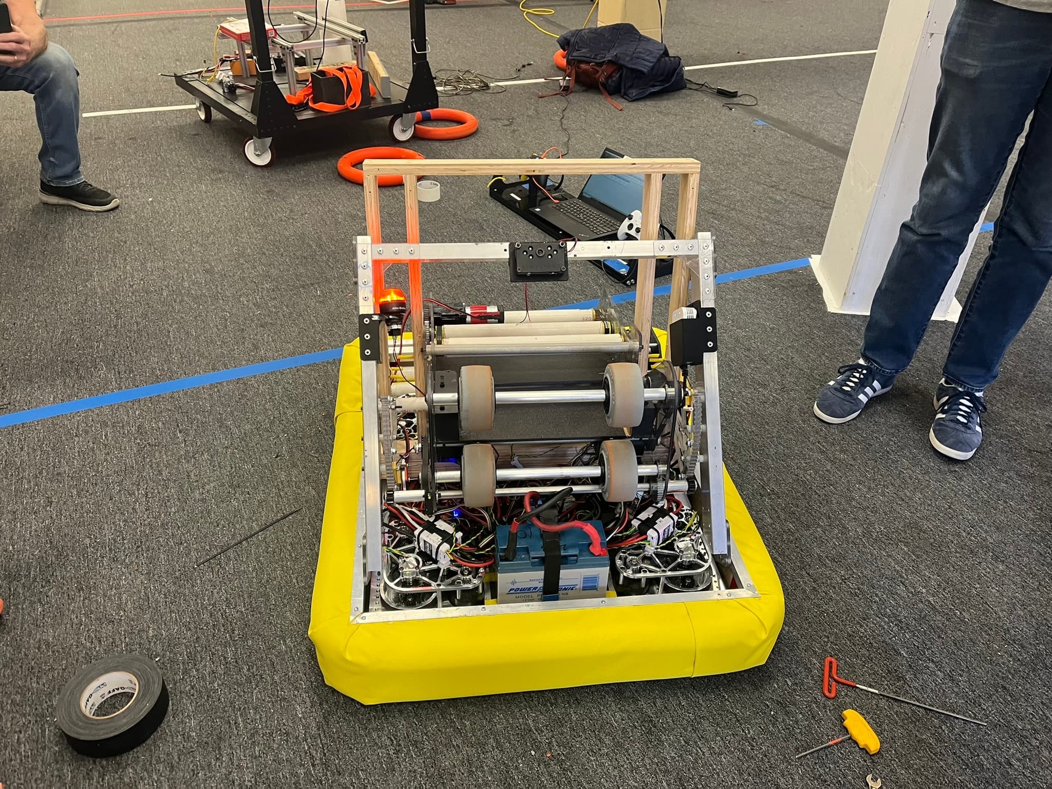 Front view of the FIRST Robotics alpha robot during testing